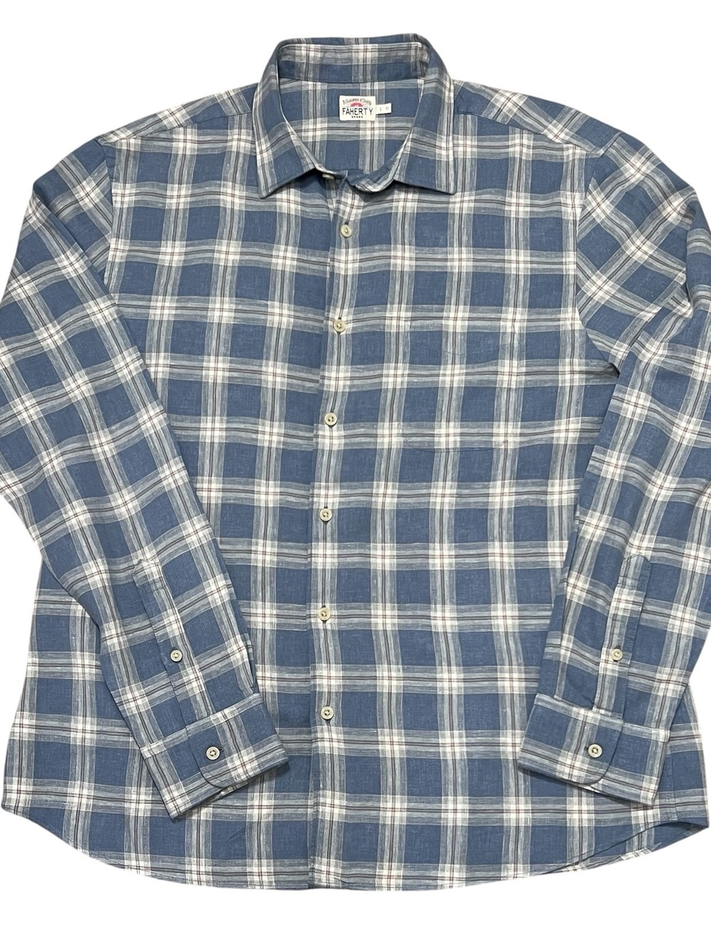 Faherty Linen Blend Shirt Large Blue Plaid Button-up Lightweight Coastal Travel - Picture 3 of 15